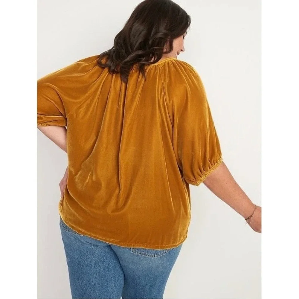 Old Navy 3X Ochre Mustard Gold Velvet Velour Puff Sleeve Split Neck Blouse Top